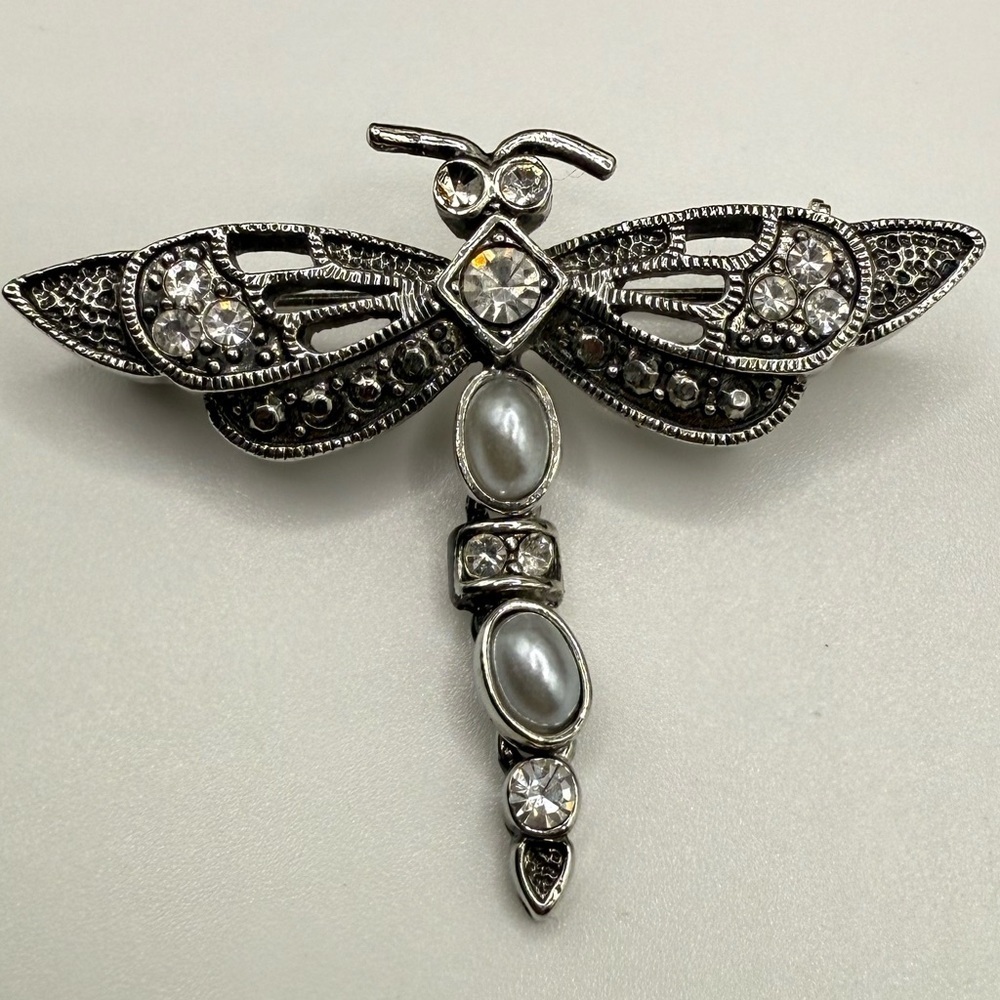 Articulated Dragonfly Brooch Silver Tone Rhinestone Faux Pearl Pin